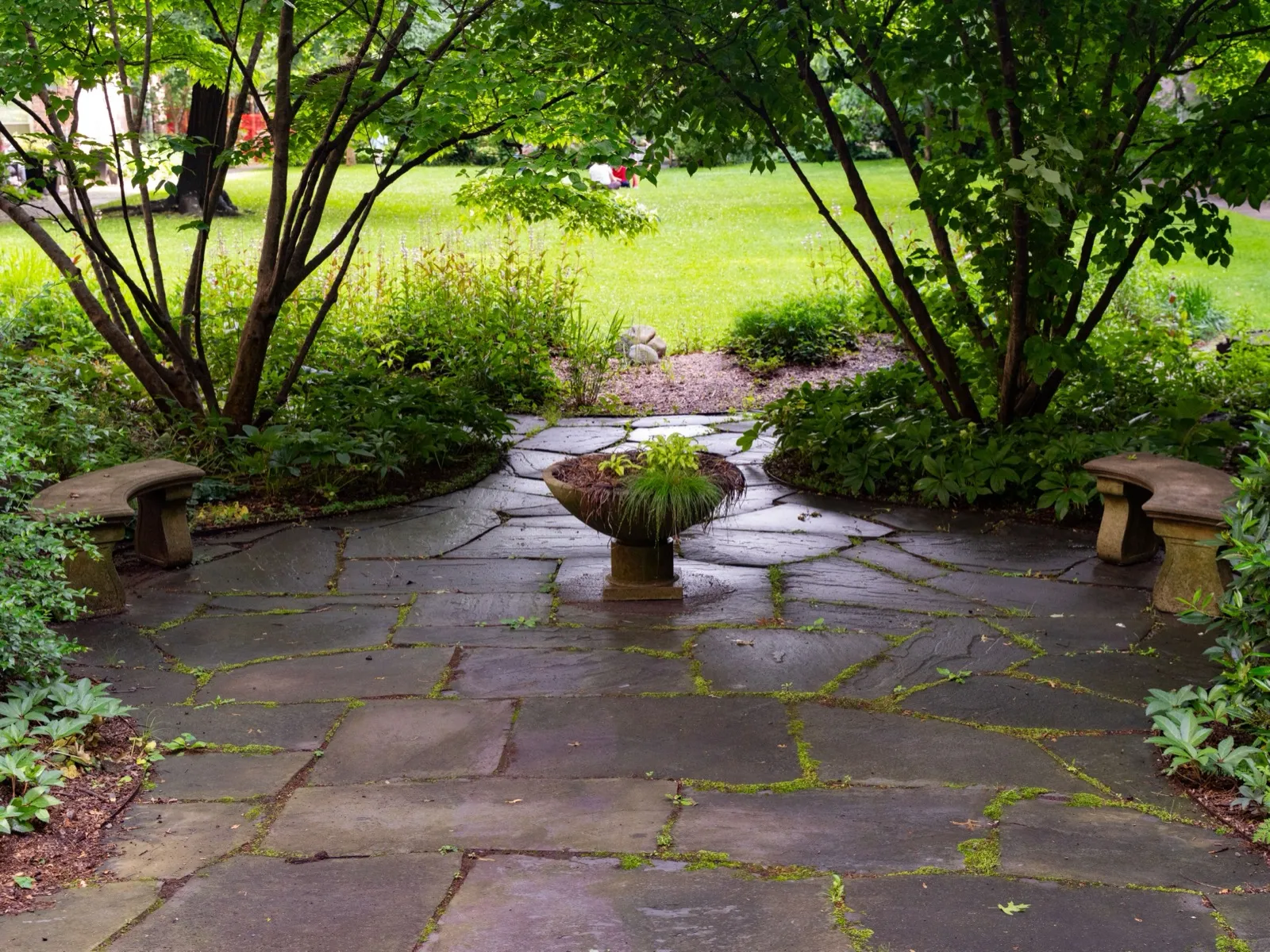 Natural flagstone patio in a landscaped garden setting
