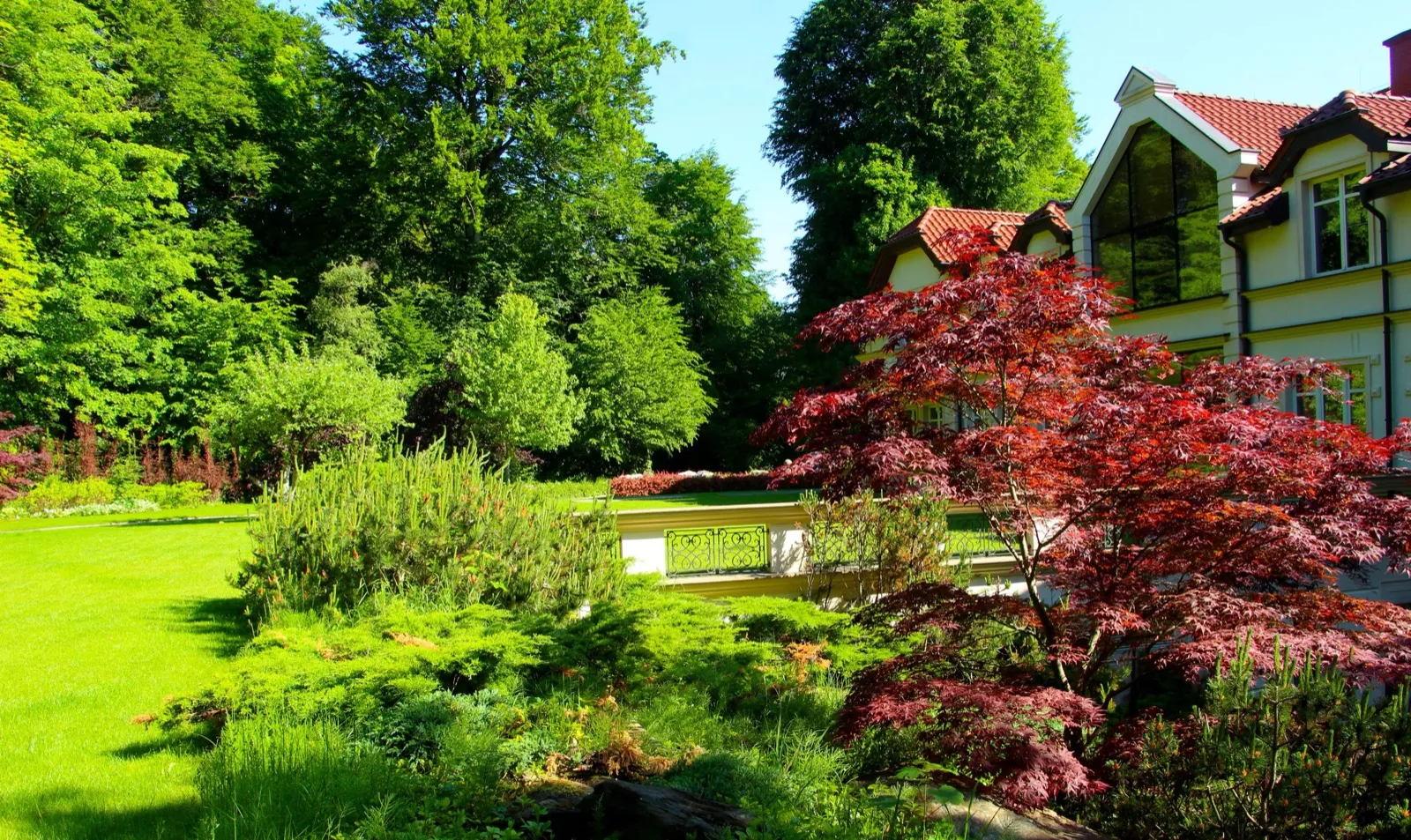 Elegant landscaped garden with lush foliage in front of a luxury home